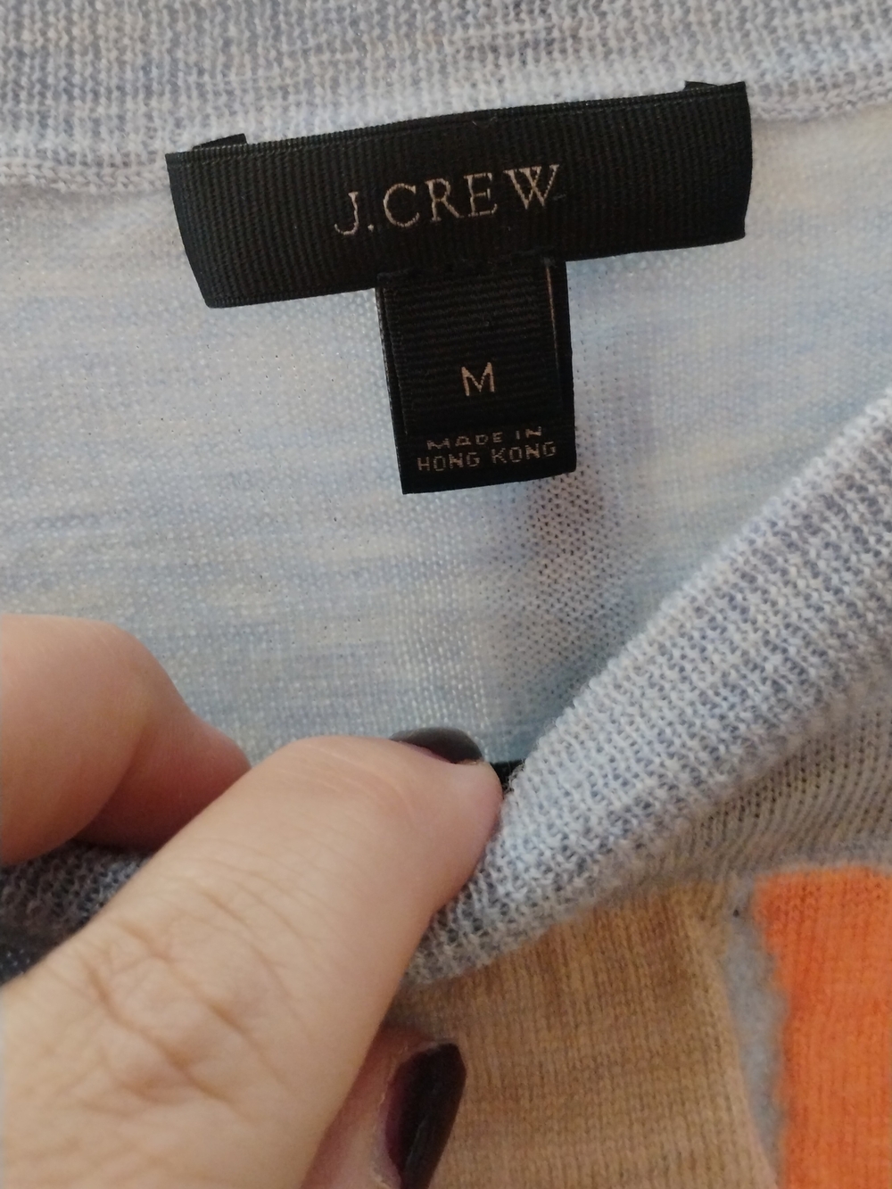 J. Crew Light Blue Wool W Peach & Black Toucan Accent SZ M - Picture 3 of 5